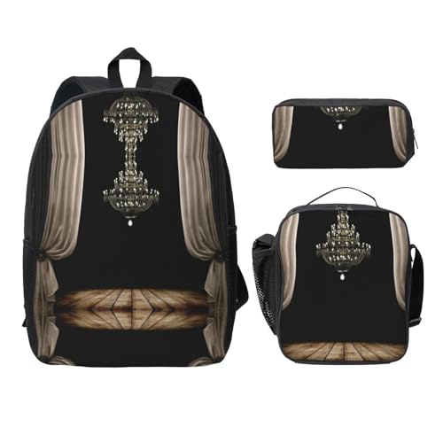 SDFCUMDM Ball Room Kronleuchter Druck Schulranzen + Federmäppchen + Lunchtasche Kombination für den täglichen Gebrauch, Schwarz , Einheitsgröße von SDFCUMDM