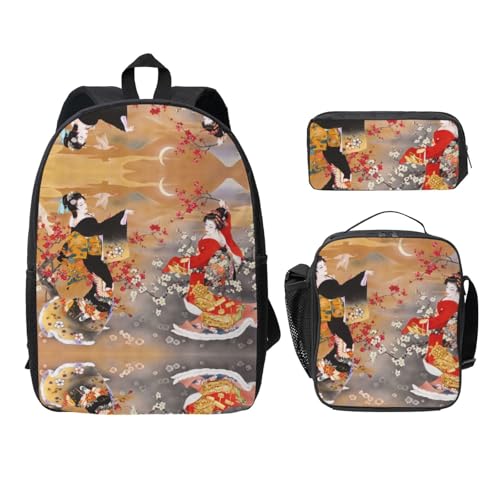 SDFCUMDM Japanische Frau Druck Schultasche + Federmäppchen + Lunchtasche Kombination für den täglichen Gebrauch, Schwarz , Einheitsgröße von SDFCUMDM