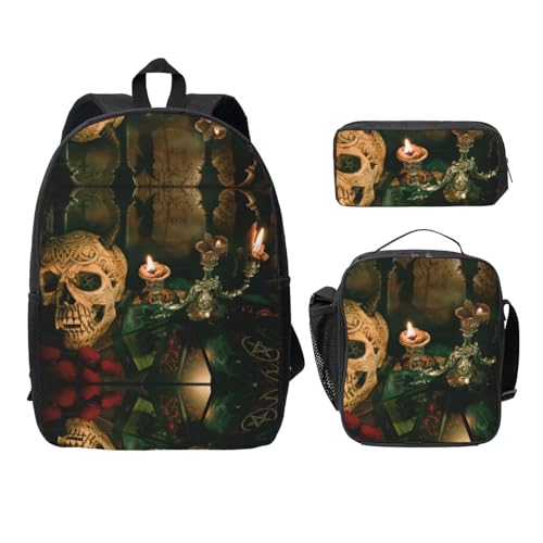 SDFCUMDM Schulranzen + Federmäppchen + Lunchtasche mit Kerzen und gruseligem Totenkopf-Aufdruck für den täglichen Gebrauch, Schwarz , Einheitsgröße von SDFCUMDM