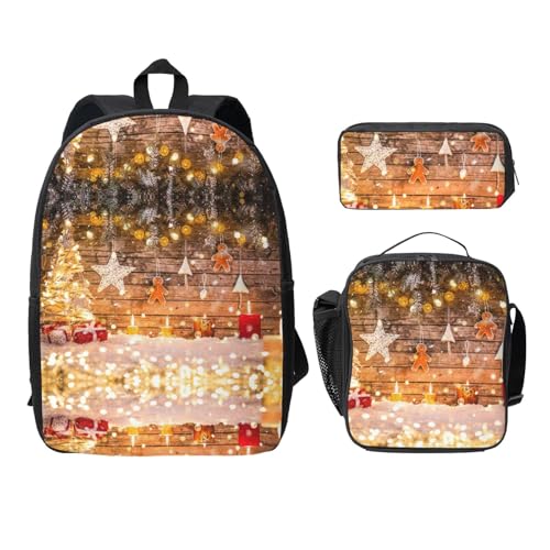 SDFCUMDM Weihnachtsbäume Kerzen Druck Schultasche + Federmäppchen + Lunchtasche Kombination für den täglichen Gebrauch, Schwarz , Einheitsgröße von SDFCUMDM