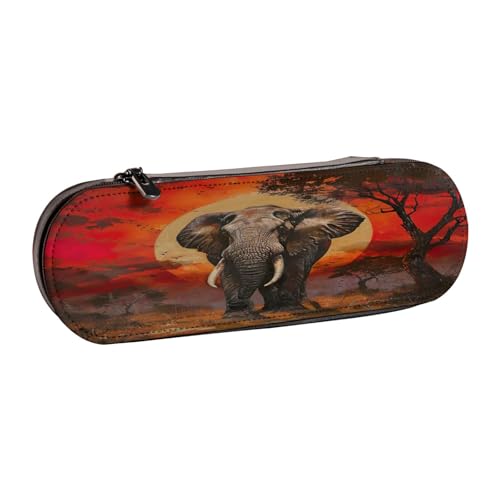 Federmäppchen aus Leder mit Elefanten-Sonnenuntergang-Druck, vielseitiges Stifteetui aus Leder, für Reisen und den täglichen Gebrauch von SDFHU
