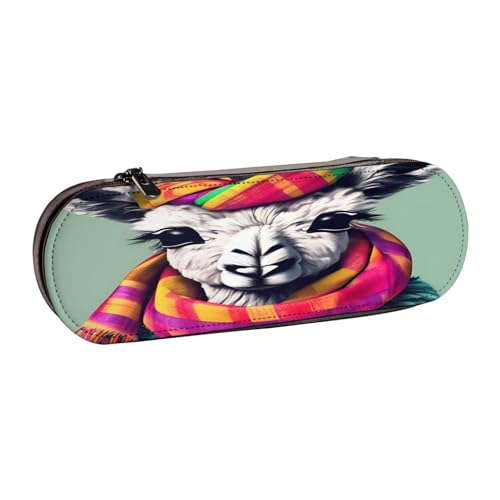 Federmäppchen aus Leder mit Lama im Schal – vielseitiges Leder-Federmäppchen für Reisen, Alltag von SDFHU