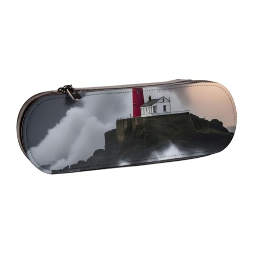 Federmäppchen aus Leder mit Leuchtturm im Sturm – Vielseitiges Federmäppchen aus Leder für Reisen und den täglichen Gebrauch von SDFHU