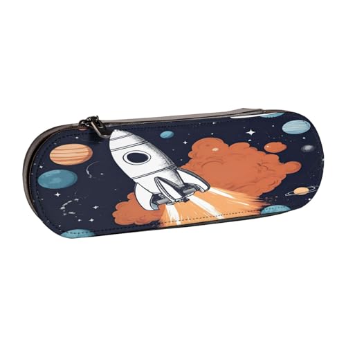 Federmäppchen aus Leder mit Rakete im Weltraum – vielseitiger Stifthalter aus Leder für Reisen und den täglichen Gebrauch von SDFHU