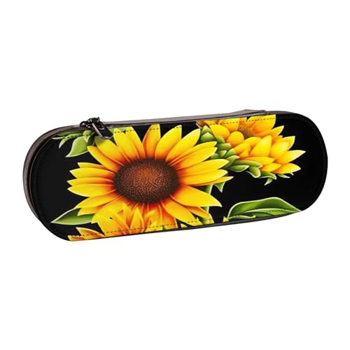 Federmäppchen aus Leder mit Sommer-Sonnenblumen-Print – vielseitiger Stifthalter aus Leder für Reisen und den täglichen Gebrauch, Schwarz , Einheitsgröße von SDFHU