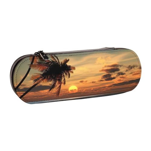 Federmäppchen aus Leder mit Sonnenuntergang Palme Ozean – vielseitiges Leder-Federmäppchen für Reisen, Alltag von SDFHU
