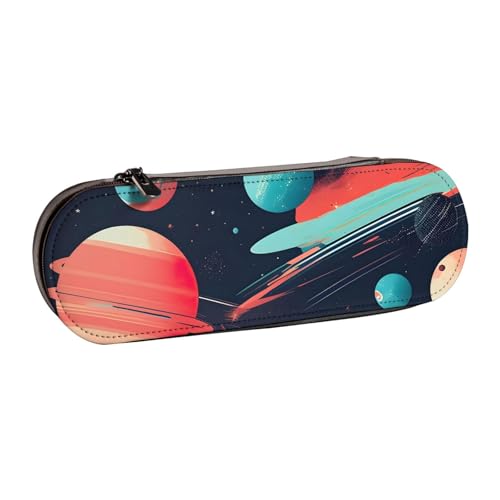 Federmäppchen aus Leder mit Weltraumplaneten-Aufdruck – Vielseitiger Stifthalter aus Leder für Reisen und den täglichen Gebrauch von SDFHU