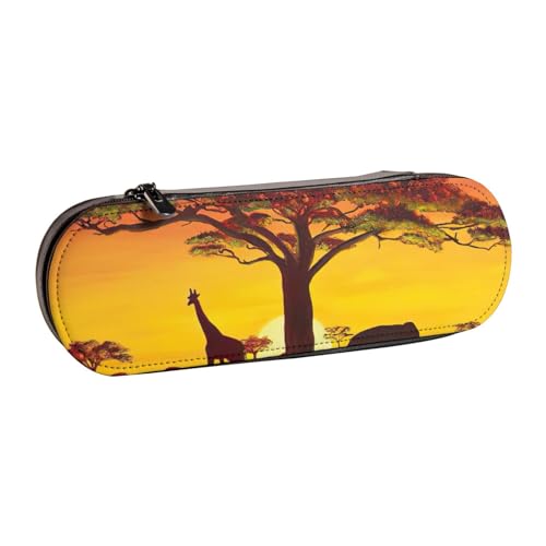 Federmäppchen aus Leder mit afrikanischem Tiermotiv und Sonnenuntergang – vielseitiges Federmäppchen aus Leder für Reisen und den täglichen Gebrauch von SDFHU