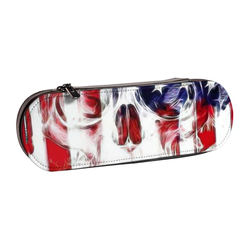 Federmäppchen aus Leder mit amerikanischer Flagge, Totenkopf-Druck, vielseitiges Stifteetui aus Leder, für Reisen und den täglichen Gebrauch von SDFHU