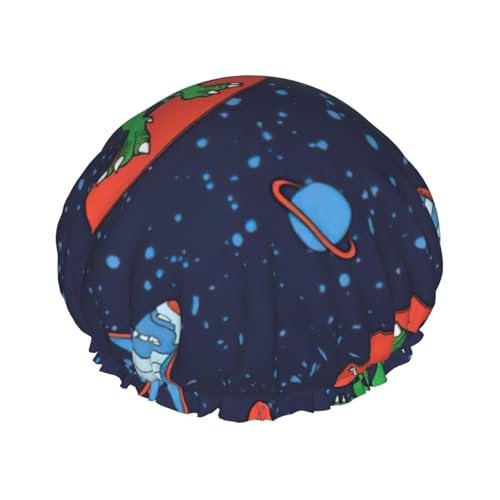 Lustiger Astronauten-Dino-Raketen-Druck, doppellagig, Duschhaube, wiederverwendbar, leicht und weich, Badehaube für Frauen von SDFHU