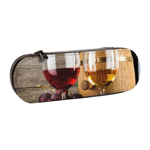SDFHU Art Red Wine Galsses & Grapes Print Leather Pencil Case - Versatile Leather Pen Holder Pencil Pouch Travel Everyday Use von SDFHU