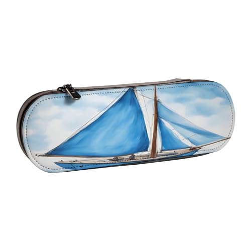 SDFHU Blaues Federmäppchen aus Leder mit Segelboot-Druck – vielseitiger Stifthalter aus Leder für Reisen und den täglichen Gebrauch von SDFHU