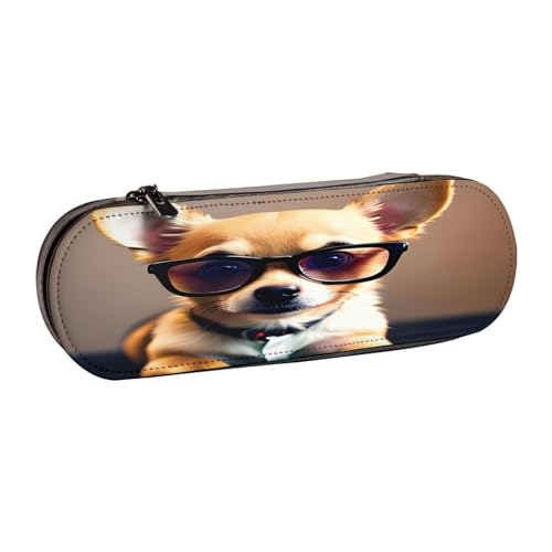 SDFHU Chihuahua Hund Brille 1 Druck Leder Federmäppchen - Vielseitiges Leder Stifthalter Federmäppchen Reise Alltag von SDFHU