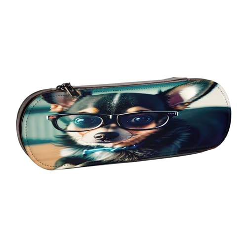 SDFHU Chihuahua Hund Brille Druck Leder Federmäppchen - Vielseitiges Leder Stifthalter Federmäppchen Reise Alltag von SDFHU