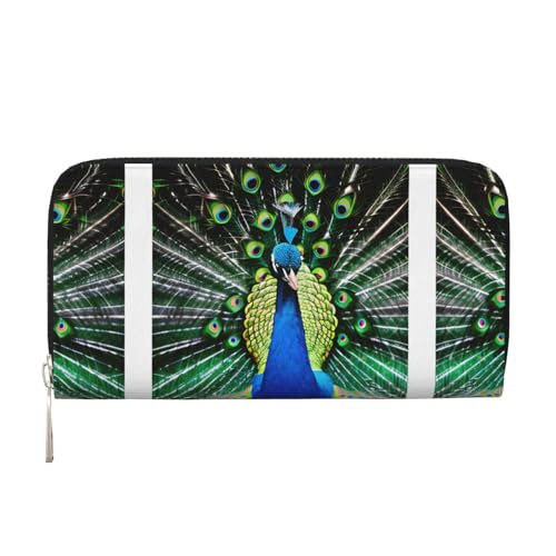 SDFHU Damengeldbörse mit frischem Pfauen-Aufdruck, trendig, reisefreundlich, 20 x 8 cm, lässige Clutch-Geldbörse, Geschenk für Damen, Schwarz, Einheitsgröße, Kunst von SDFHU