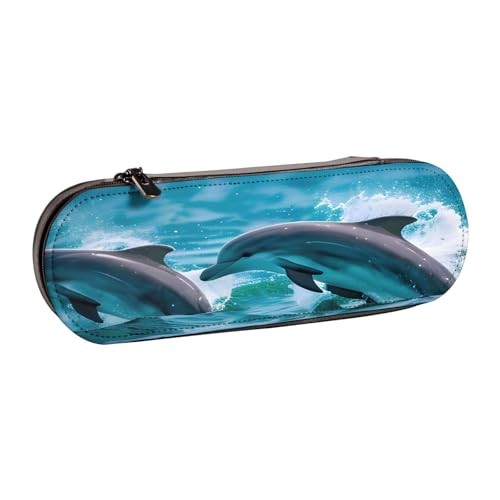 SDFHU Delfine im Meer Druck Leder Federmäppchen - Vielseitiges Leder Stifthalter Federmäppchen Reise Alltag, Schwarz , Einheitsgröße von SDFHU