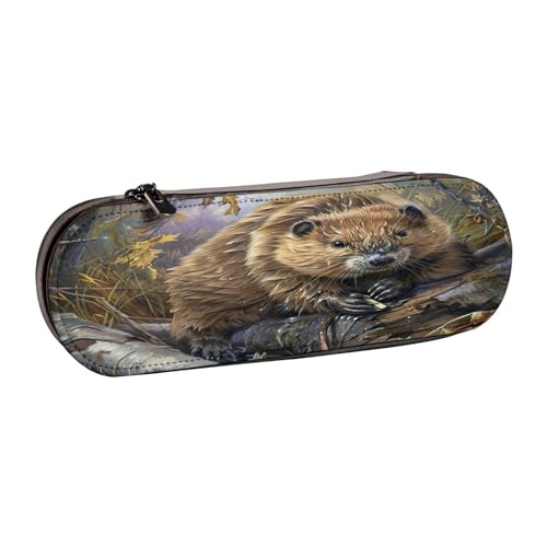 SDFHU Federmäppchen aus Leder mit Biberarbeitsdruck, vielseitiger Stifthalter aus Leder, für Reisen und den täglichen Gebrauch von SDFHU