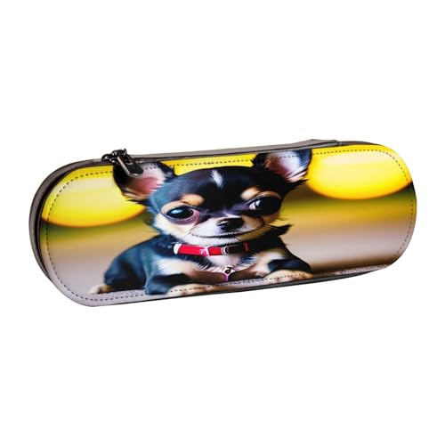 SDFHU Federmäppchen aus Leder mit Chihuahua-Hunde-Aufdruck – Vielseitiger Stifthalter aus Leder für Reisen und den täglichen Gebrauch von SDFHU
