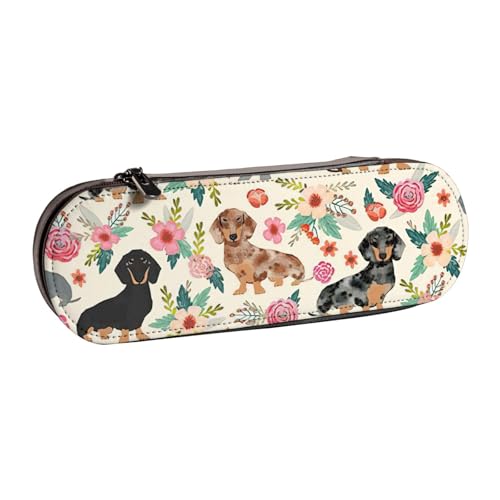 SDFHU Federmäppchen aus Leder mit Dackel-Blumendruck, vielseitiges Stifteetui aus Leder, für Reisen und den täglichen Gebrauch von SDFHU