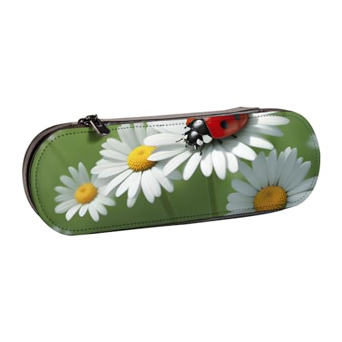SDFHU Federmäppchen aus Leder mit Marienkäfer auf Gänseblümchen – Vielseitiges Federmäppchen aus Leder für Reisen und den täglichen Gebrauch von SDFHU