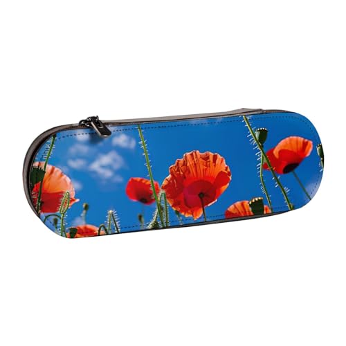 SDFHU Federmäppchen aus Leder mit Mohnblumen auf blauem Himmel – vielseitiger Stifthalter aus Leder für Reisen und den täglichen Gebrauch von SDFHU