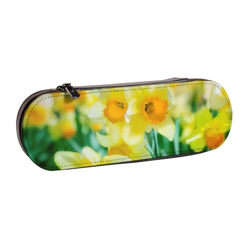 SDFHU Federmäppchen aus Leder mit Narzissen-Blumendruck, vielseitiges Stifteetui aus Leder, für Reisen und den täglichen Gebrauch von SDFHU