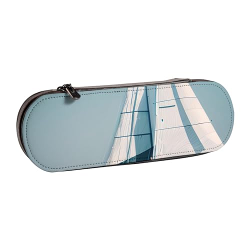 SDFHU Federmäppchen aus Leder mit Segelbootschiff-Landschaftsdruck – Vielseitiges Stifteetui aus Leder für Reisen und den täglichen Gebrauch von SDFHU