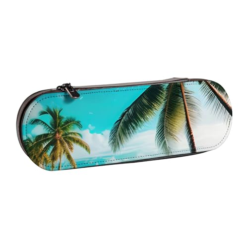 SDFHU Federmäppchen aus Leder mit Strandpalmen-Druck, vielseitiges Stifteetui aus Leder, für Reisen und den täglichen Gebrauch von SDFHU