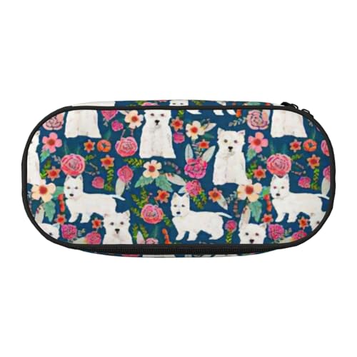 SDFHU Federmäppchen mit weißem Hunde- und Blumendruck, Schreibwaren, Werkzeug, Bürobedarf, Uni, Zubehör, geeignet für jeden Anlass, Schwarz, Einheitsgröße, niedlich, Schwarz , Einheitsgröße von SDFHU