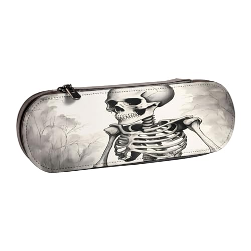 SDFHU Interessantes Federmäppchen aus Leder mit Skelett-Druck – vielseitiger Stifthalter aus Leder für Reisen und den täglichen Gebrauch von SDFHU