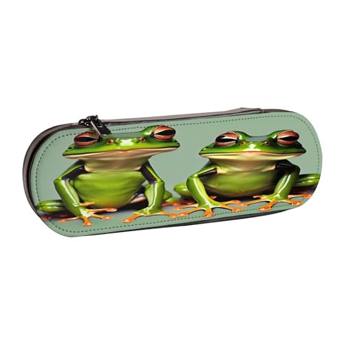 SDFHU Lustige grüne Frösche 1 Druck Leder Federmäppchen - Vielseitiges Leder Stifthalter Federmäppchen Reise Alltag von SDFHU