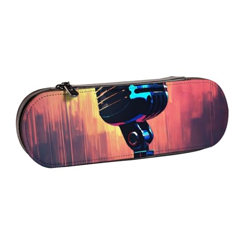 SDFHU Mikrofon mit Musiknoten-Druck Leder Federmäppchen - Vielseitiges Leder Stifthalter Federmäppchen Reise Alltag von SDFHU