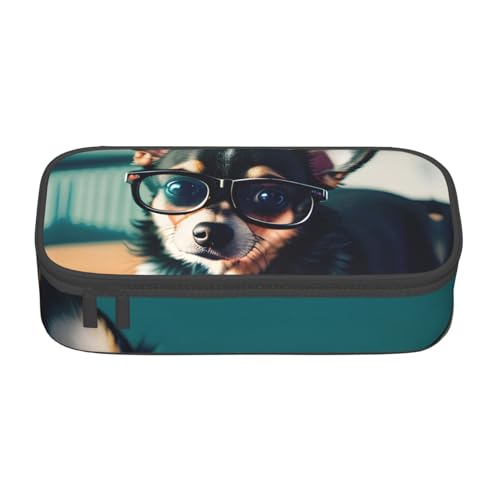 SDFHU Multifunktionales Federmäppchen mit Chihuahua-Hundebrillen-Druck, Schreibwaren, Aufbewahrungstasche, Zubehör, Kosmetikartikel, Erwachsene von SDFHU