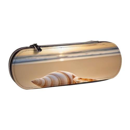 SDFHU Muschel-Landschaft am Strand Druck Leder Federmäppchen - Vielseitiges Leder Stifthalter Federmäppchen Reise Alltag von SDFHU