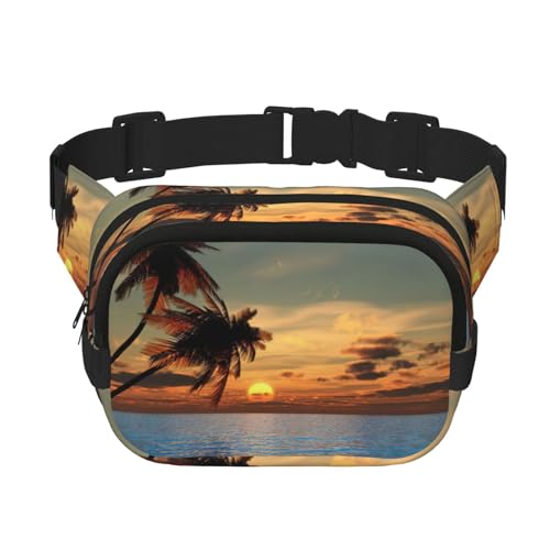 Sunset Palm Tree Ocean Print Damen und Herren Quadratische Doppellagige Hüfttasche Workout Crossbody Reise Hüfttasche, Schwarz, Einheitsgröße von SDFHU