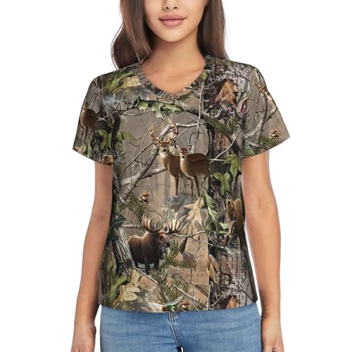 Wildlife Jagd Hirsch Bär Elch Print Damen Klassischer V-Ausschnitt T-Shirt Elegant Casual Pullover T-Shirts Bluse Bequem V-Ausschnitt, Schwarz, X-Groß von SDFHU