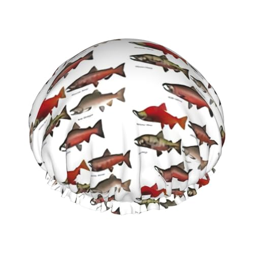 Zweilagige Lachs bedruckte Duschmütze wiederverwendbar leichte und weiche Badekappe für Damen Zweilagige Lachs bedruckte Duschmütze wiederverwendbar leichte und weiche Badekappe für Damen von SDFHU