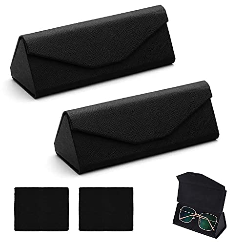 Qanye 2 Stück Faltbar Brillenetui, Schwarz Sonnenbrillen Etui, PU Leder Brillen Etui, Tragbar Lesebrillenetui, Brillenetui, mit 2 Brillentuch, für Gläser, Lesebrille, Sportbrille von Qanye