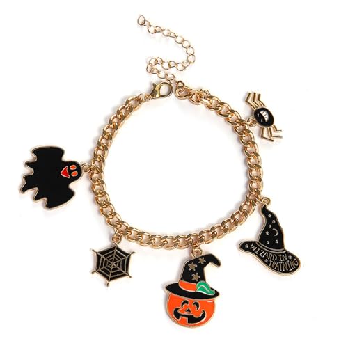 SDFWGG Halloween Perlenarmband Fledermaus Anhänger Armreif Spinnen Kürbis Charm Gothic Schmuck Armband Freundschaft Zubehör Gothic für Damen (Gold-1) von SDFWGG