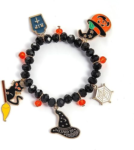 SDFWGG Halloween Perlenarmband Fledermaus Anhänger Armreif Spinnen Kürbis Charm Gothic Schmuck Armband Freundschaft Zubehör Gothic für Damen (Schwarz-2) von SDFWGG