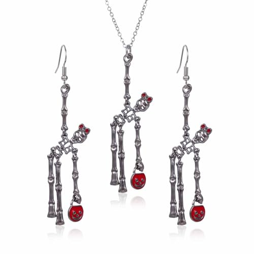 SDFWGG Halloween Schmuck Silber Skelett Halskette und Gothic Totenkopf OhrringePunk Stil Skelett Halskette Halloween Gothic Halskette und Ohrringe Schmuck für Damen (Silber-2) von SDFWGG