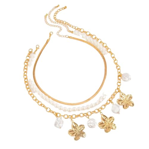 SDFXCDR Choker Halsketten für Frauen, 3 Teile/Set Exquisite Imitation Perlenkette Für Frauen Barock Sommer Strand Blume Anhänger Choker Mode Y2K Schmuck, Geschenk von SDFXCDR