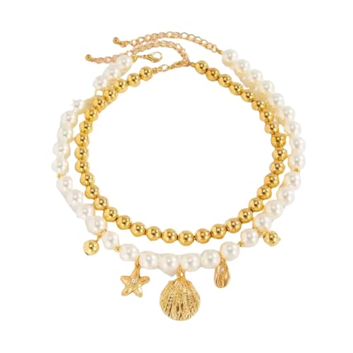 SDFXCDR Choker Halsketten für Frauen, Boho Imitation Perle CCB Perlen Schlüsselbein Halskette Frauen Seestern Muschel Anhänger Halskette Sommer Strand Schmuck, Geschenk von SDFXCDR
