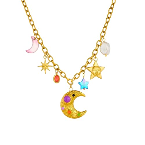 SDFXCDR necklace herren halskette Bunte Emaille Mond Sterne Multi Anhänger Halskette Dame Mode Halskette Wasserdichter Schmuck von SDFXCDR