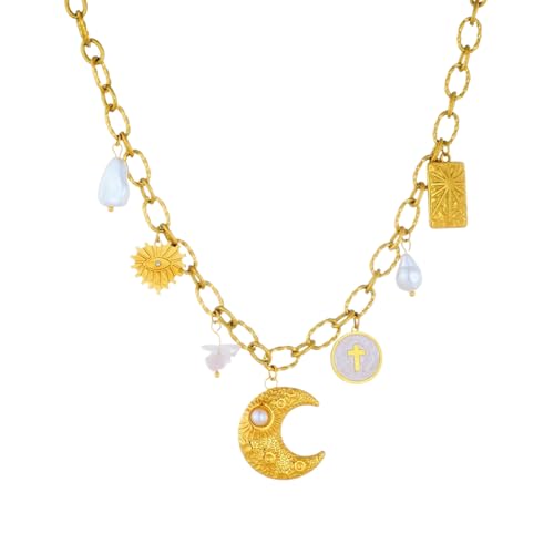 SDFXCDR necklace herren halskette Goldene ungewöhnliche Mondperle Kreuz Multi Anhänger Halskette Dame übertreiben Halskette Schmuck Geschenk von SDFXCDR