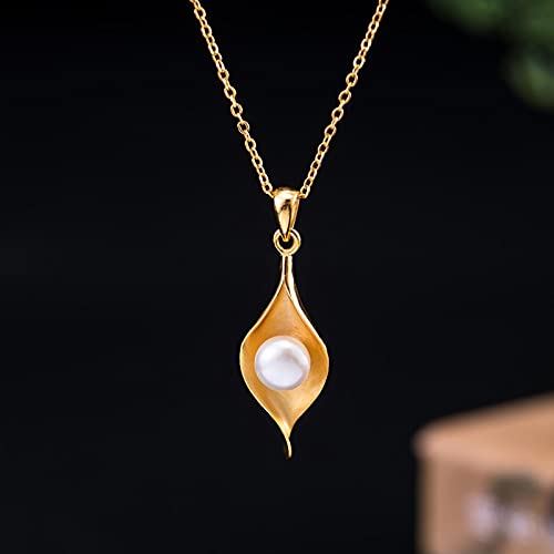 SDGBCXD, 925 Sterling Silber 18 Karat Gold Süßwasserperlen Blatt Tau Anhänger Halskette for Frauen Exquisite Halskette,Halsketten von SDGBCXD