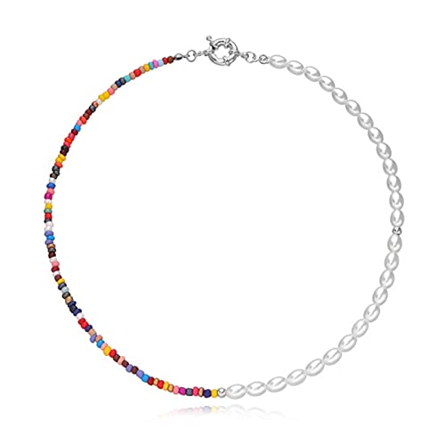 SDGBCXD, Bunte Reisperlen-Imitationsperlen-Halskette for Frauen in Gold- und Silberfarbe mit Fischlinien-Halsketten for Damen, Modeschmuck,Halsketten(Silver Plated) von SDGBCXD