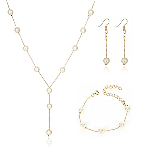 SDGBCXD, Hochzeitsschmuck, Imitationsperle, schlichtes Halsketten- und Armband-Set mit passenden Ohrringen for Frauen, Verlobungsparty-Accessoires, Perle,Halsketten von SDGBCXD