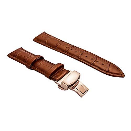 SDGBCXD Uhrenarmband, 12–24 mm Herren-Armband aus echtem Leder mit glänzender Oberfläche, Schnellverschluss, Schmetterlingsschnalle, handgenäht(Rose Gold Buckle Light Brown Watchband) von SDGBCXD