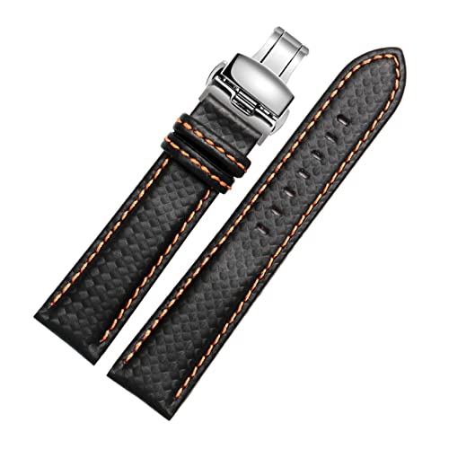 SDGBCXD Uhrenarmband, Leat Herren-Uhrenarmband, Karbonfaser, 18–24 mm, mit roter Naht + Lederfutterverschluss(Orange Deploy Clasp) von SDGBCXD